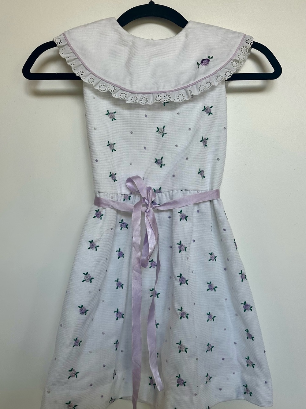 Nicole White Dress with Lavender Floral Embroidery and Ribbon